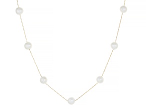 White Cultured Freshwater Pearl 14k Yellow Gold 24 Inch Station Necklace