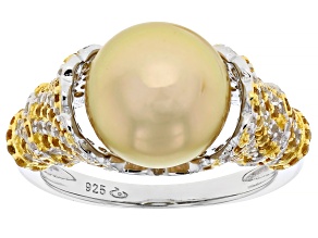 Golden South Sea Pearl With 0.68ctw White Topaz & 0.61ctw Citrine Rhodium Over Sterling Silver Ring