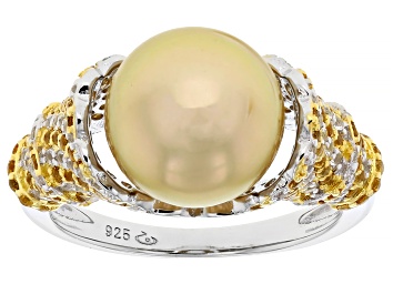 Picture of Golden South Sea Pearl With 0.68ctw White Topaz & 0.61ctw Citrine Rhodium Over Sterling Silver Ring