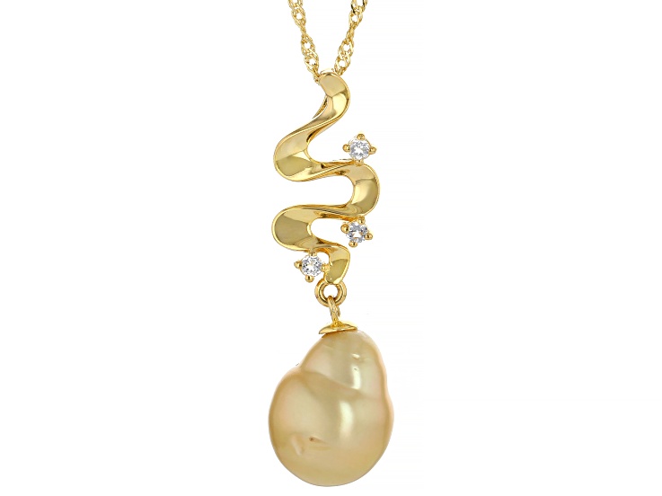 Golden Cultured South Sea Pearl & White Topaz 18k Yellow Gold Over Sterling Silver Pendant 0.14ctw