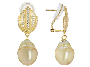 Golden Cultured South Sea Pearl With White Topaz 18k Yellow Gold Over Sterling Silver Earrings