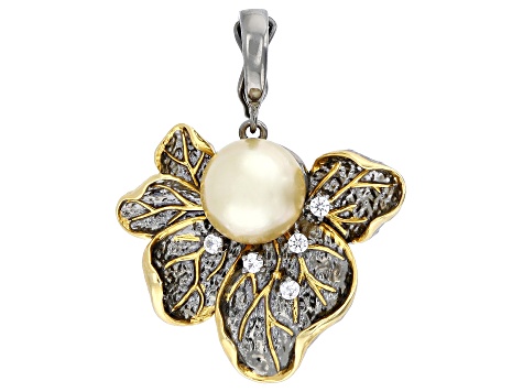 Golden Cultured South Sea Pearl With 0.27ctw White Zircon Rhodium & 18k Gold Over Silver Enhancer
