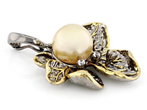 Golden Cultured South Sea Pearl With 0.27ctw White Zircon Rhodium & 18k Gold Over Silver Enhancer
