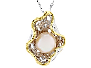 Peach Cultured Freshwater Pearl Rhodium & 18k Gold Over Sterling Silver Pendant With Chain
