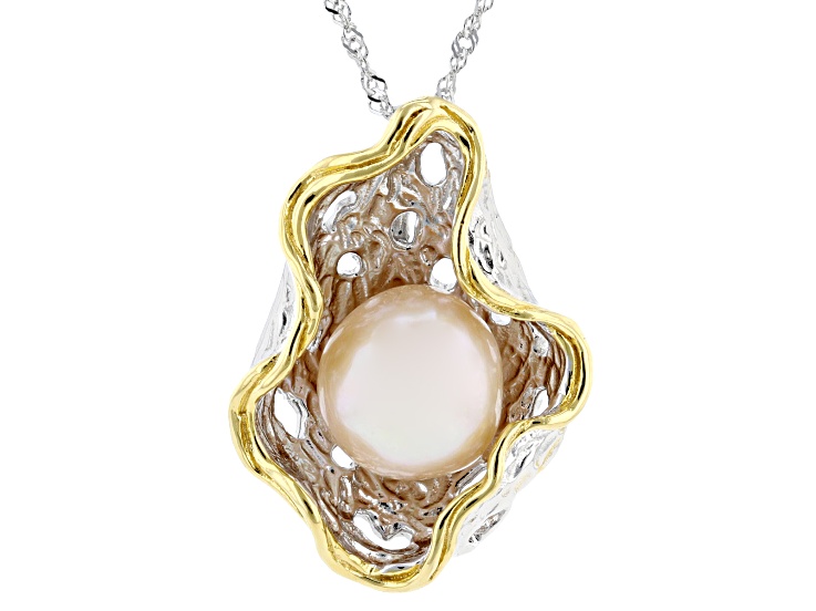 Peach Cultured Freshwater Pearl Rhodium & 18k Gold Over Sterling