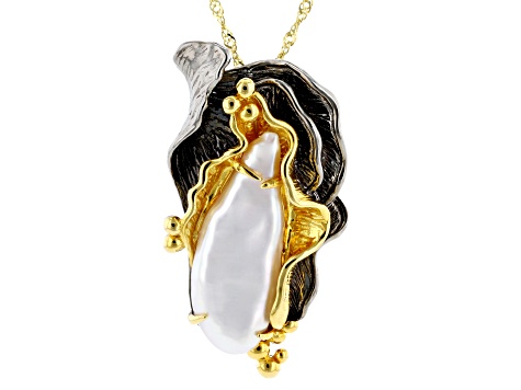 Peach Cultured Freshwater Pearl Rhodium & 18k Gold Over Sterling