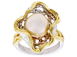 Peach Cultured Freshwater Pearl Rhodium & 18k Yellow Gold Over Sterling Silver Ring