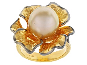 Golden Cultured South Sea Pearl Rhodium & 18k Yellow Gold Over Sterling Silver Ring