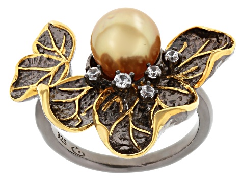 Golden Cultured South Sea Pearl With 0.27ctw Zircon Rhodium & 18k Yellow Gold Over Silver Ring