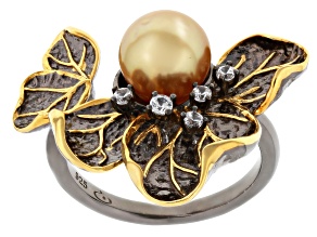 Golden Cultured South Sea Pearl With 0.27ctw Zircon Rhodium & 18k Yellow Gold Over Silver Ring
