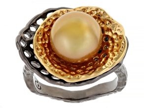 Golden Cultured South Sea Pearl Rhodium & 18k Yellow Gold Over Sterling Silver Ring