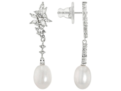 White Cultured Freshwater Pearl With White Topaz Rhodium Over Sterling Silver Earrings 1.52ctw