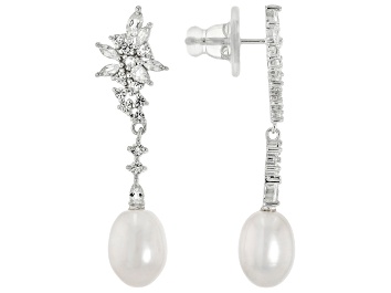 Picture of White Cultured Freshwater Pearl With White Topaz Rhodium Over Sterling Silver Earrings 1.52ctw
