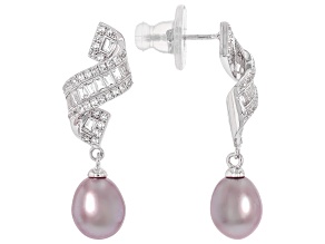 Purple Cultured Freshwater Pearl With White Topaz Rhodium Over Sterling Silver Earrings