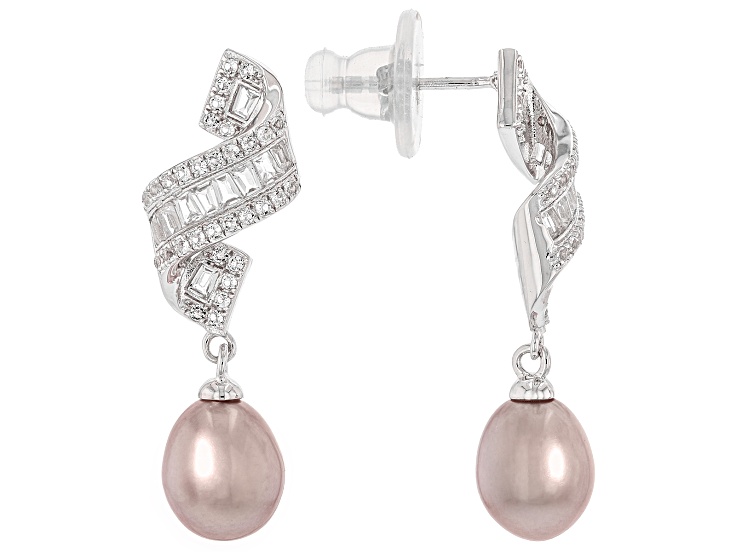 Pink Cultured Freshwater Pearl With White Topaz Rhodium Over Sterling Silver Earrings
