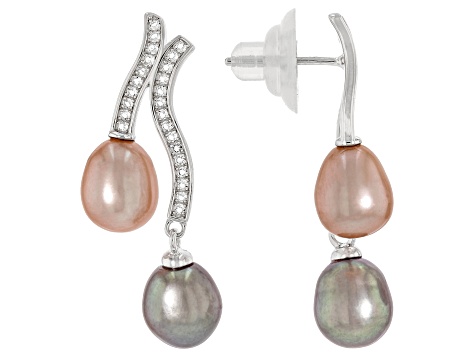 Multi-Color Cultured Freshwater Pearl With 0.38ctw  Topaz Rhodium Over Sterling Silver Earrings