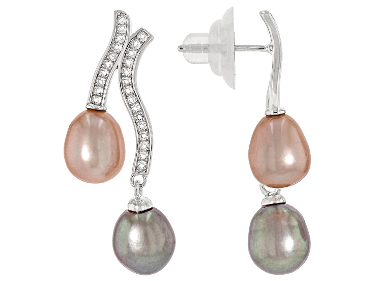 Multi-Color Cultured Freshwater Pearl With 0.38ctw Topaz Rhodium Over Sterling Silver Earrings