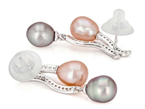Multi-Color Cultured Freshwater Pearl With 0.38ctw  Topaz Rhodium Over Sterling Silver Earrings