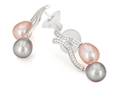 Multi-Color Cultured Freshwater Pearl With 0.38ctw  Topaz Rhodium Over Sterling Silver Earrings