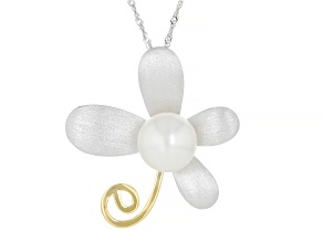 White Cultured Freshwater Pearl Rhodium & 18k Gold Over Sterling Silver Pendant With Chain