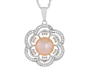 Peach Cultured Freshwater Pearl With Topaz Rhodium Over Sterling Silver Pendant With Chain