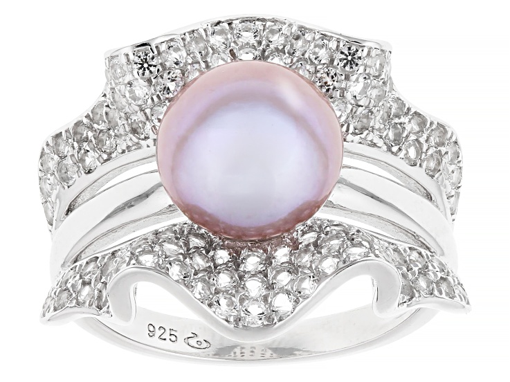 Purple Cultured Freshwater Pearl With White Topaz Rhodium Over Sterling Silver Ring