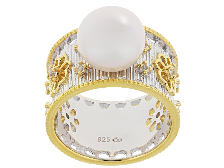 White Cultured Freshwater Pearl With 0.33ctw Topaz Rhodium & 18k Gold Over Sterling Silver Ring