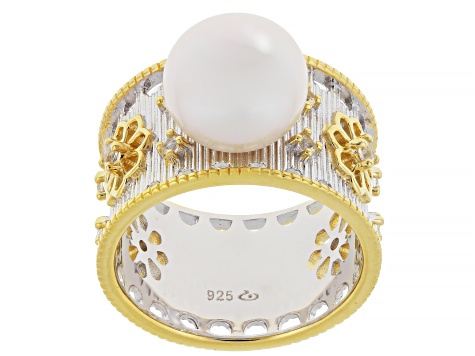 White Cultured Freshwater Pearl With 0.33ctw Topaz Rhodium & 18k Gold Over Sterling Silver Ring