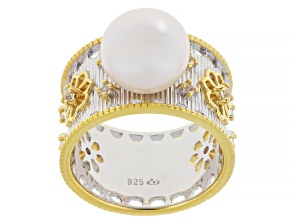 White Cultured Freshwater Pearl With 0.33ctw Topaz Rhodium & 18k Gold Over Sterling Silver Ring