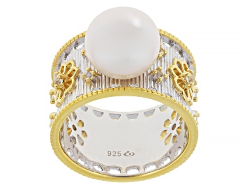 Picture of White Cultured Freshwater Pearl With 0.33ctw Topaz Rhodium & 18k Gold Over Sterling Silver Ring