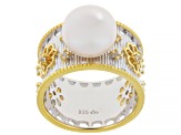 White Cultured Freshwater Pearl With 0.33ctw Topaz Rhodium & 18k Gold Over Sterling Silver Ring