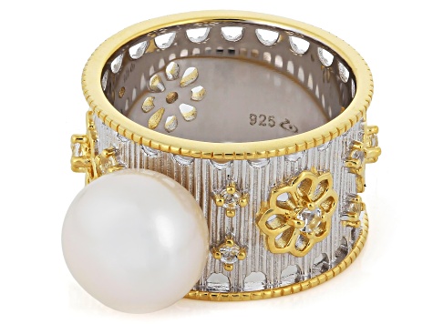 White Cultured Freshwater Pearl With 0.33ctw Topaz Rhodium & 18k Gold Over Sterling Silver Ring