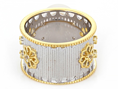 White Cultured Freshwater Pearl With 0.33ctw Topaz Rhodium & 18k Gold Over Sterling Silver Ring