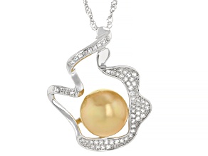 Golden South Sea Pearl With White Topaz Rhodium Over Sterling Silver Pendant With Chain