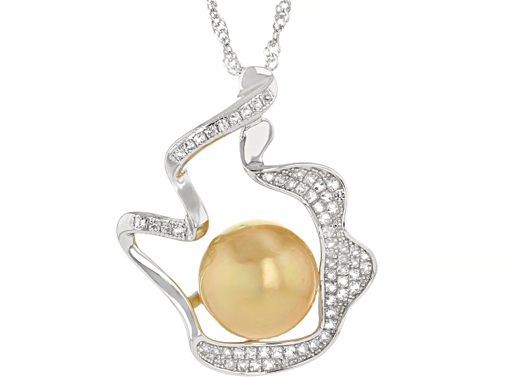 Golden South Sea Pearl With White Topaz Rhodium Over Sterling Silver Pendant With Chain