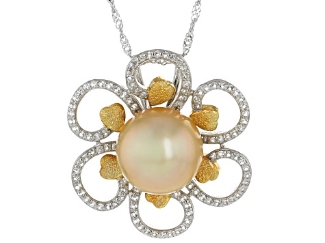Golden Cultured South Sea Pearl With White Topaz Rhodium Over Sterling Silver Pendant With Chain