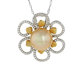 Golden Cultured South Sea Pearl With White Topaz Rhodium Over Sterling Silver Pendant With Chain