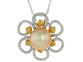 Golden Cultured South Sea Pearl With White Topaz Rhodium Over Sterling Silver Pendant With Chain