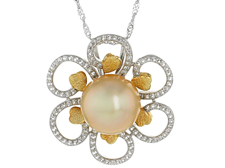 Golden Cultured South Sea Pearl With White Topaz Rhodium Over Sterling Silver Pendant With Chain
