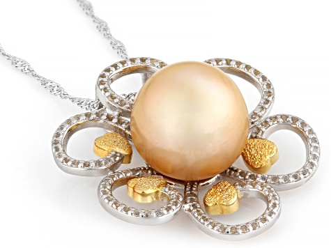 Golden Cultured South Sea Pearl With White Topaz Rhodium Over Sterling Silver Pendant With Chain