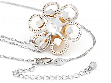 Golden Cultured South Sea Pearl With White Topaz Rhodium Over Sterling Silver Pendant With Chain