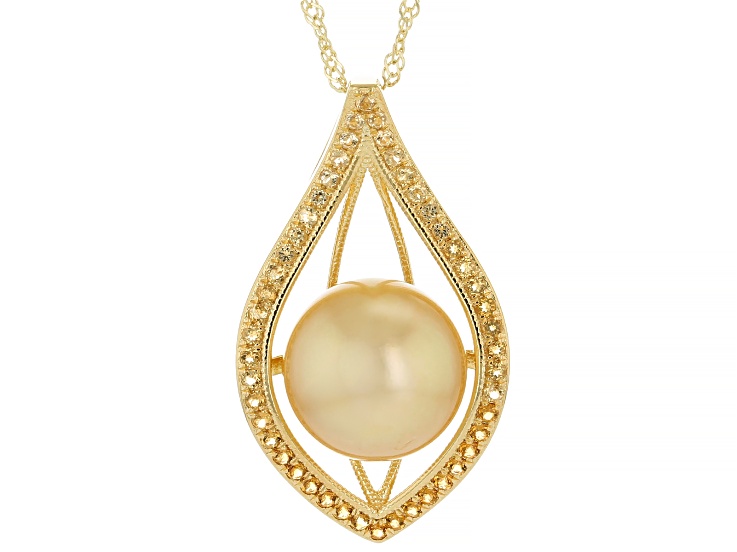 Golden Cultured South Sea Pearl & 0.65ctw Citrine 18k Yellow Gold Over Silver Pendant With Chain