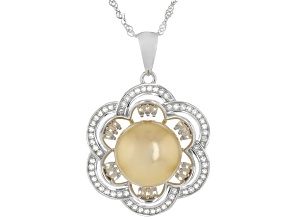 Golden Cultured South Sea Pearl With White Topaz Rhodium Over Sterling Silver Pendant With Chain
