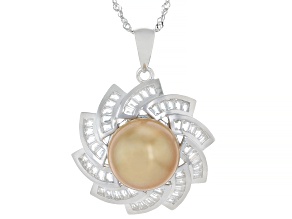 Golden Cultured South Sea Pearl With White Topaz Rhodium Over Sterling Silver Pendant With Chain