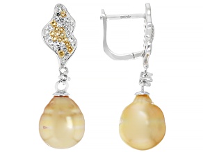 Golden Cultured South Sea Pearl With Topaz & Citrine Rhodium Over Sterling Silver Earrings