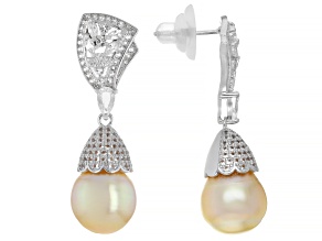 Golden Cultured South Sea Pearl With 2.23ctw Topaz Rhodium Over Sterling Silver Earrings
