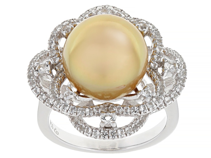 Golden Cultured South Sea Pearl With White Topaz Rhodium Over Sterling Silver Ring