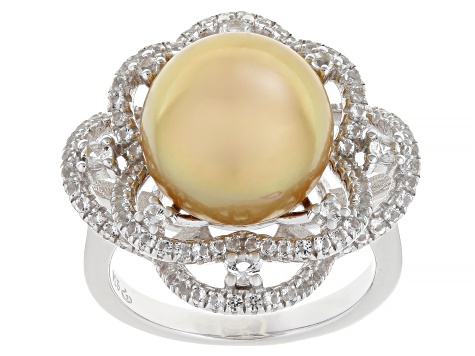 Golden Cultured South Sea Pearl With White Topaz Rhodium Over Sterling Silver Ring