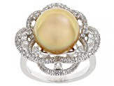 Golden Cultured South Sea Pearl With White Topaz Rhodium Over Sterling Silver Ring