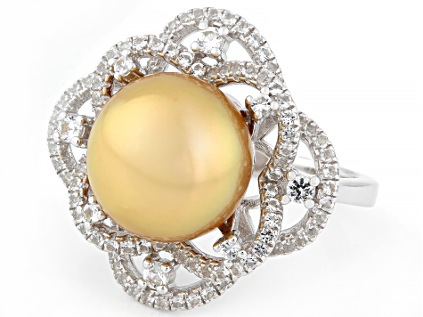 Golden Cultured South Sea Pearl With White Topaz Rhodium Over Sterling Silver Ring